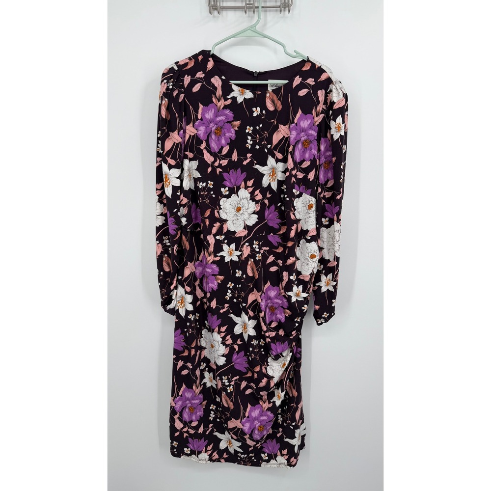 Eliza J‎ Womens 16W Purple Floral Long Sleeve Ruched Sheath Dress Lined Plum